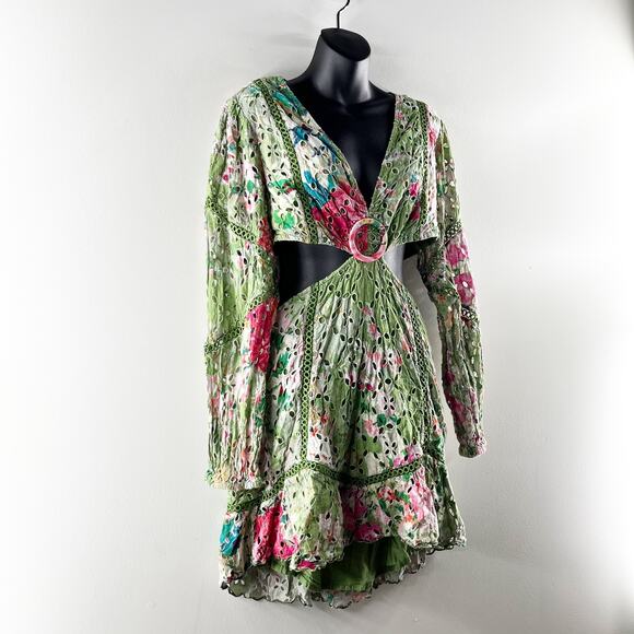 Hemant & Nandita Zaira Eyelet Floral Long Sleeve Mini Cut Out Dress Green XL - Picture 4 of 7